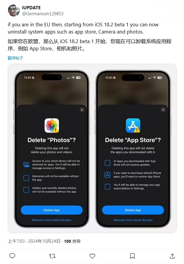 翼城苹果手机维修分享iOS 18.2 支持删除 App Store 应用商店 