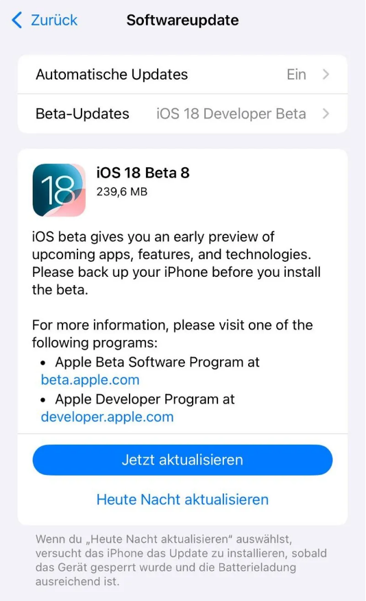 翼城苹果手机维修分享苹果 iOS / iPadOS 18 开发者预览版 Beta 8 发布 
